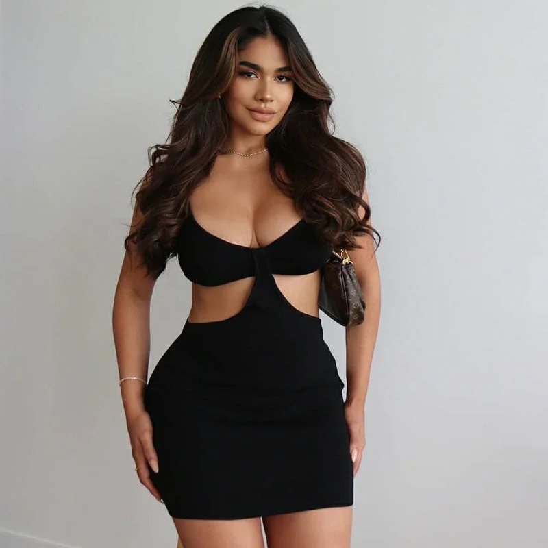 BerryBetty - Trendy Ribbed Deep V Neck Cut Out Party Mini Dress - Black Comfortable Wrap Mini Dress