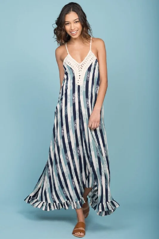 Tristan Striped Crochet Detail Maxi Dress Navy & Beige Cozy Ruffle Sleeve Maxi Dress