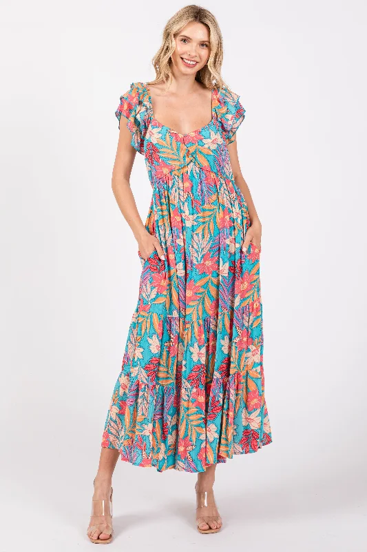 Turquoise Floral Ruffle Sleeve Midi Dress Elegant V-Neck Midi Dress