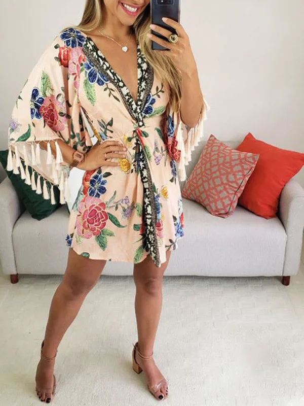 V-neck Twisted Fringe Middle Sleeve Mini Dress Classic White Mini Dress