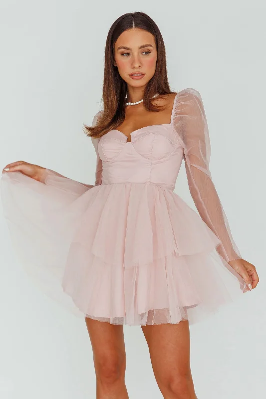 Veola Long Sleeve Tulle Mini Dress Blush Cozy Cotton Mini Dress