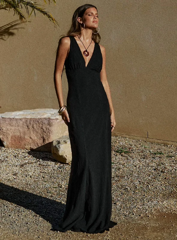 Verde Linen Blend Maxi Dress Black Comfortable Pleated Maxi Dress
