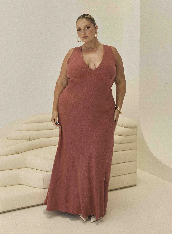 Verde Linen Blend Maxi Dress Burnt Rust Curve Stylish Long Sleeve Maxi Dress