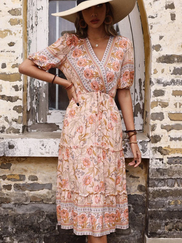 BerryBetty - Vintage Women's Pink Fungus Print V-Neck Midi Dress Comfortable Ribbed Midi Dress