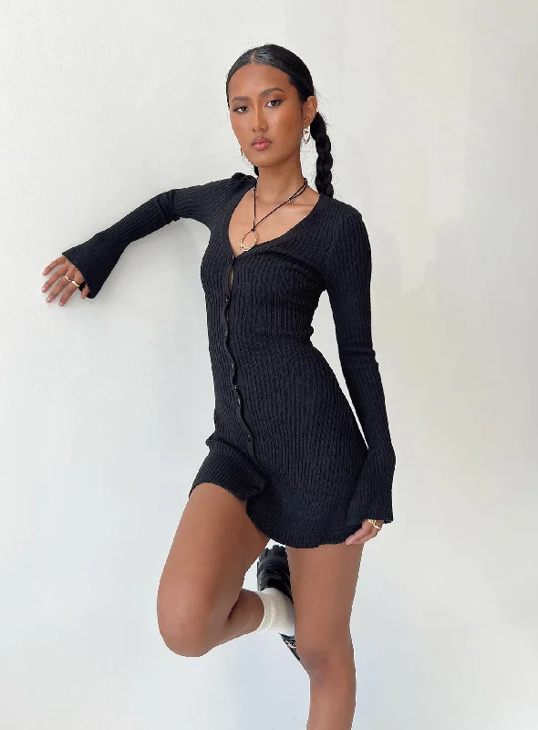 Waldin Long Sleeve Mini Dress Black Classic Striped Mini Dress