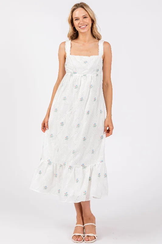 White Eyelet Floral Embroidered Back Tie Cutout Midi Dress Comfortable Denim Midi Dress