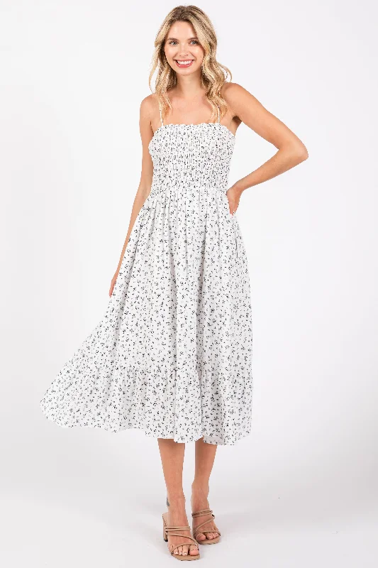 White Floral Smocked Sleeveless Midi Dress Stylish Silk Midi Dress