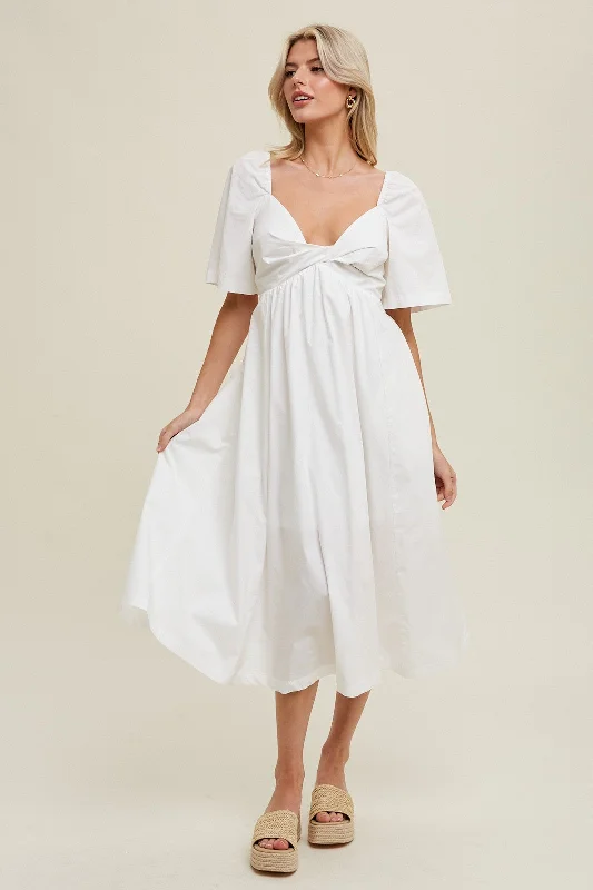 White Poplin Cotton Midi Dress With Front Twist Comfortable Stretch Midi Dress