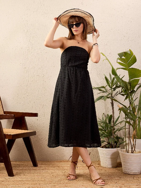 Women Black Schiffli Corset Midi Dress Fashionable A-Line Midi Dress