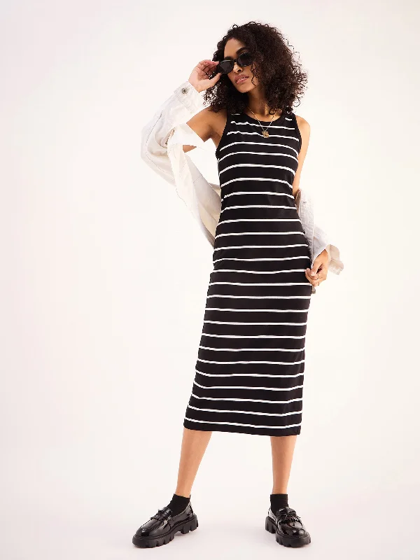 Women Black White Stripe Midi Dress Elegant Floral Skirt Midi Dress