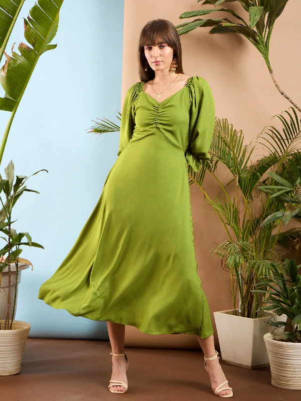 Women Olive Front Ruched Back Cut Out Midi Dress Fashionable Pleated Midi Dress