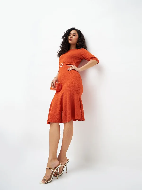 Women Orange Frill Hem Belted Midi Dress Elegant Satin Button Midi Dress