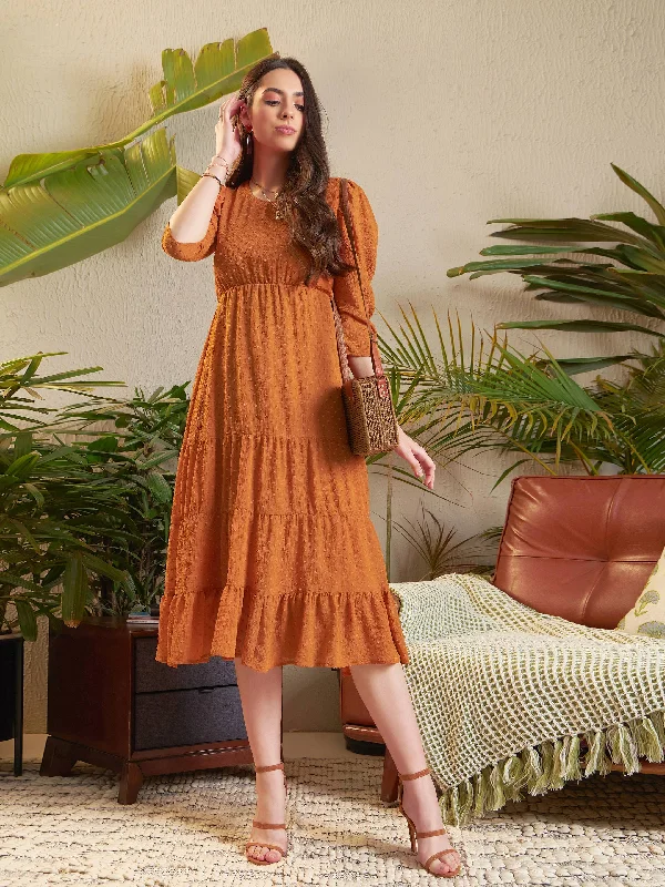 Women Rust Dobby Tiered Midi Dress Stylish Color Block Midi Dress