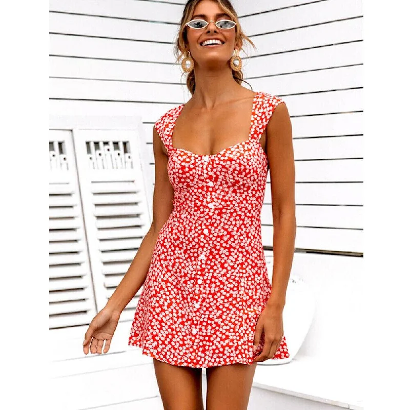 FashionSierra - Women's Summer Boho Floral Bodycon Sleeveless Mini Dress Fashion Ladies Holiday Casual Beach Short Sundress New Trendy Tie-Dye Mini Dress