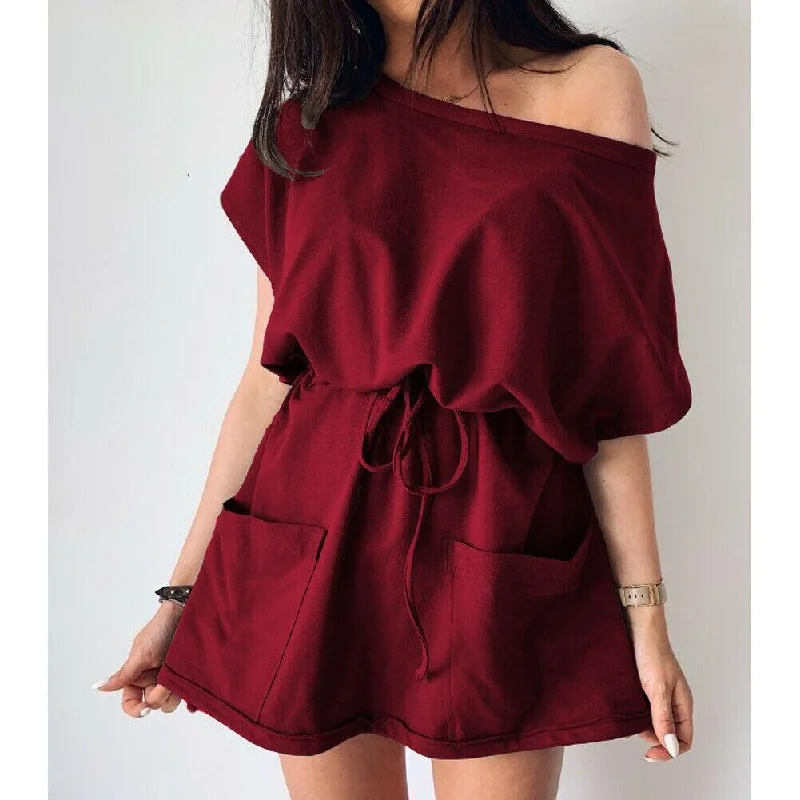 FashionSierra - Women's Summer Pocket Solid Short Sleeve Mini Dress 2019 Fashion Ladies Casual Tops Tie Front Loose Sundress Elegant Tulle Mini Dress