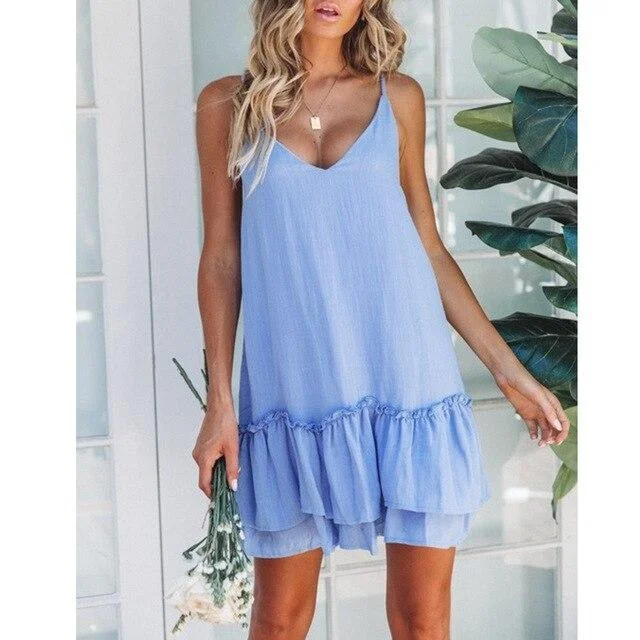 FashionSierra - Women Summer Casual Clothes Blue Ruffle Sexy Mini Dress Spaghetti Strap Off Shoulder Ladies Pleated Dresses Korean Sundress Comfortable Off-Shoulder Mini Dress