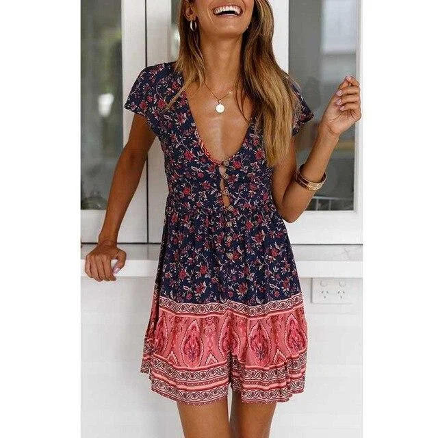 FashionSierra - Women Summer Clothes Red Blue Floral Print Sexy Tunic Boho Mini Dress Vneck Button Ladies Bohemian Beach Dresses Casual Sundress Classic Solid Mini Dress