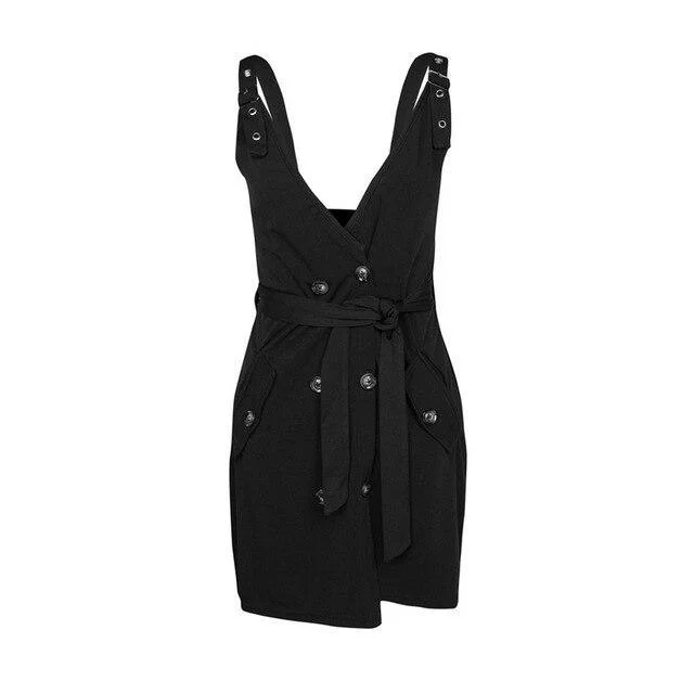 FashionSierra - Women Summer Clothes Sexy Black Tunic Lace Up Folding Mini Dress Elegant Ladies Spaghetti Strap V Neck Button Party Club Dresses Fashionable A-Line Mini Dress