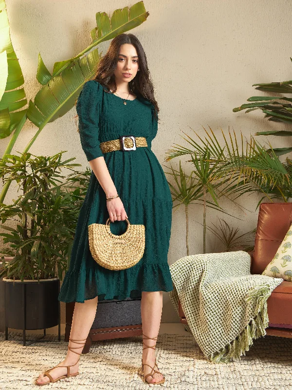 Women Teal Dobby Tiered Midi Dress Fashionable Pencil Midi Dress