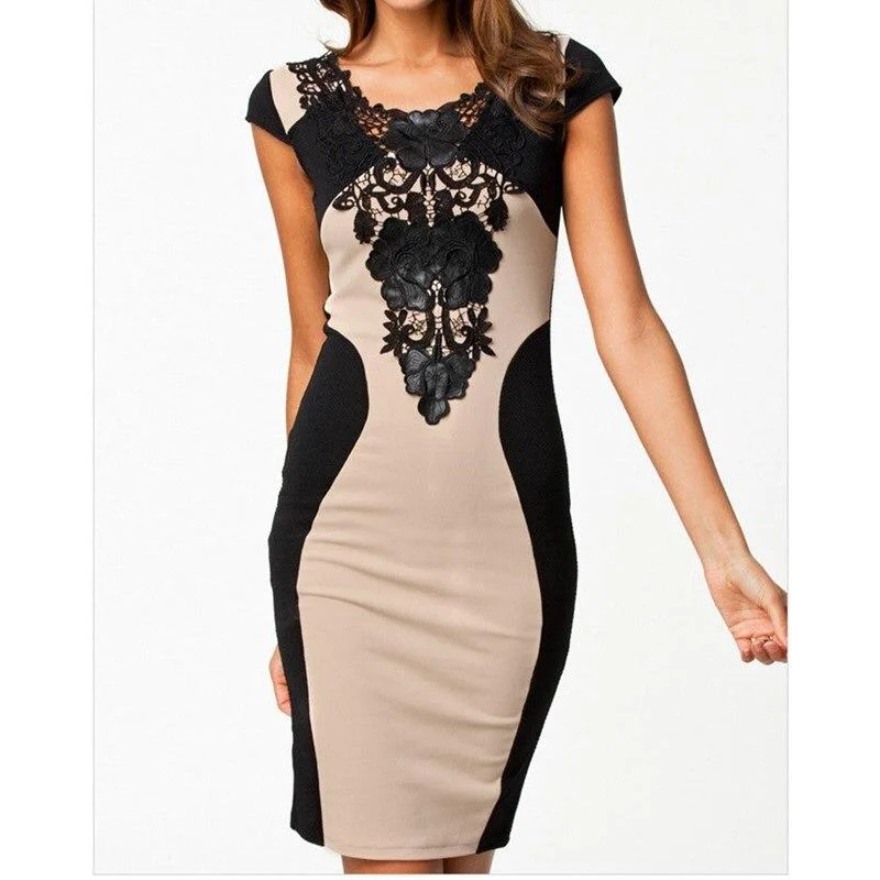 FashionSierra - Women Vintage Elegant Dress Round Neck Lace Package Hip Dress Sexy Backless Bodycon Mini Dress Glorious Sexy Short Sleeve Dress Cozy Satin Mini Dress