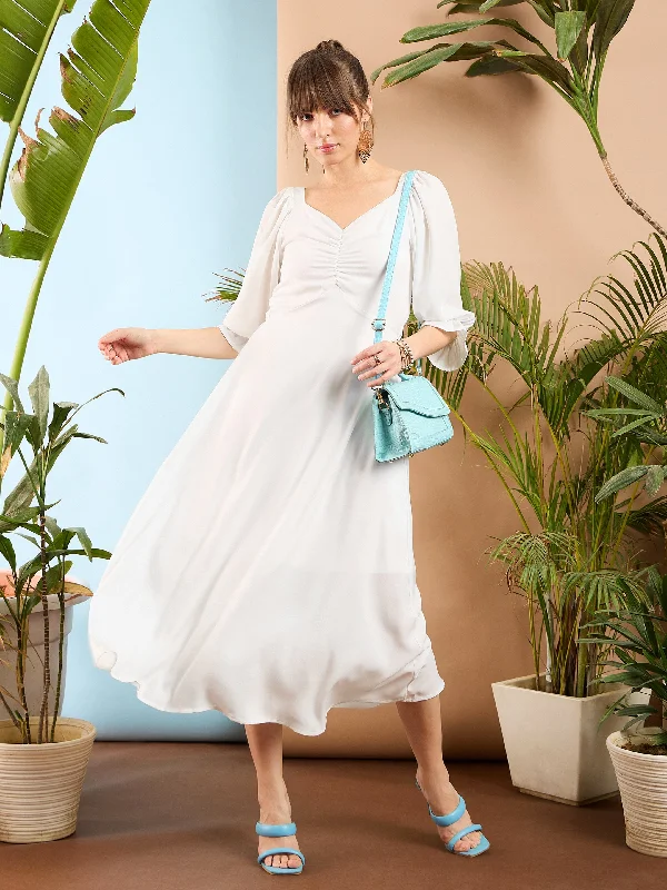 Women White Front Ruched Back Cut Out Midi Dress Fashionable Casual Midi Dress