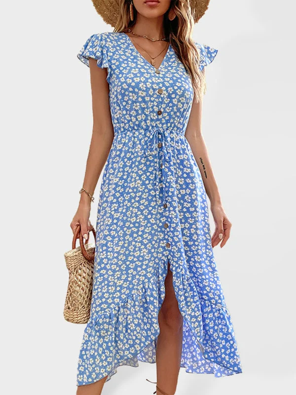 BerryBetty - Women's Floral Print Flutter Sleeve V-neck Midi Dress Cozy Spaghetti Strap Midi Dress