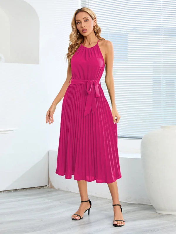 BerryBetty - Women's Solid Color Pleated Halter Midi Dress Cozy Ribbed Knit Midi Dress