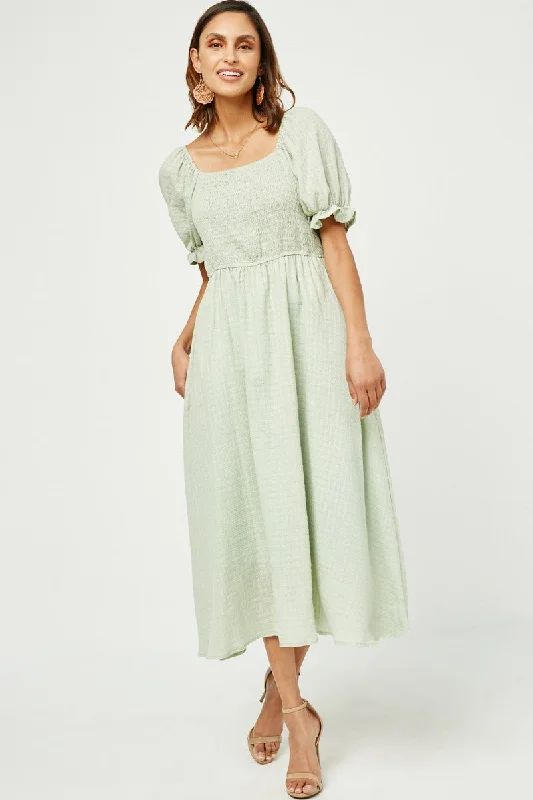 Women's Smocked Bodice Midi Dress Style 2474 in Sage or Mauve Trendy Ruched Side Midi Dress
