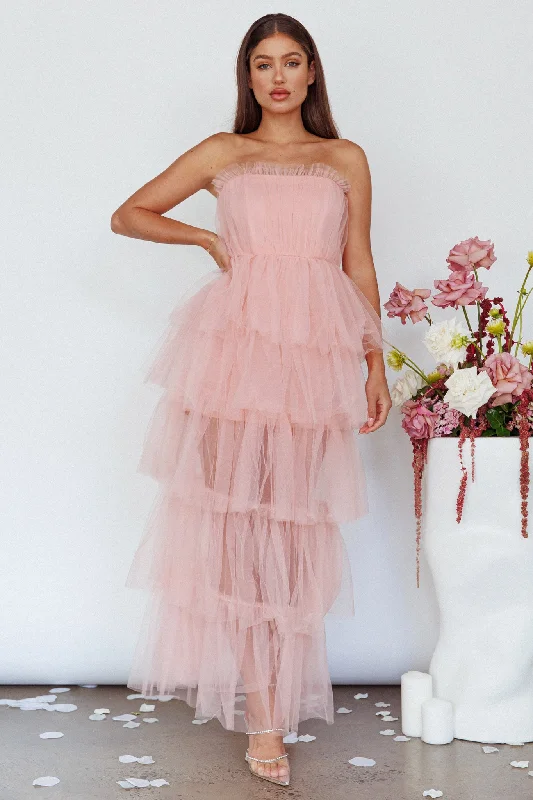 Written In The Stars Layered Tulle Maxi Dress Pink Trendy Button Front Maxi Dress