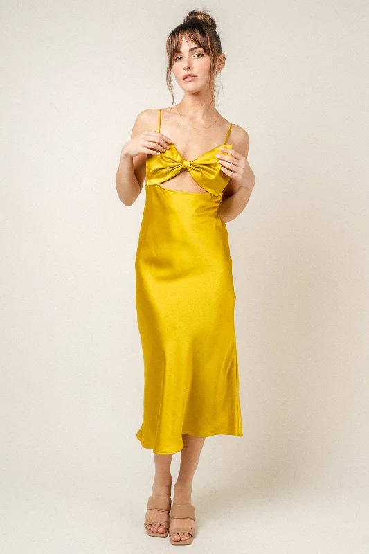 Yellow Bow Satin Slip Midi Dress Stylish Pleated Skirt Midi Dress