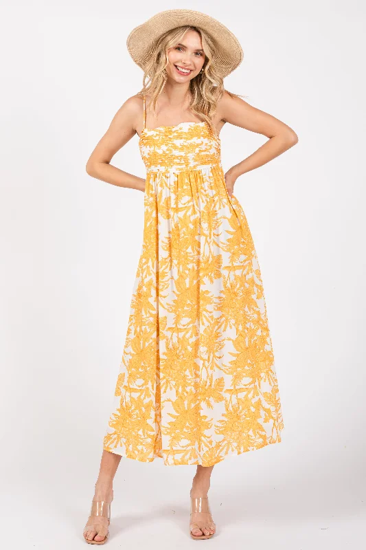 Yellow Floral Pleated Front Back Cut-Out Midi Dress Stylish Striped Midi Dress