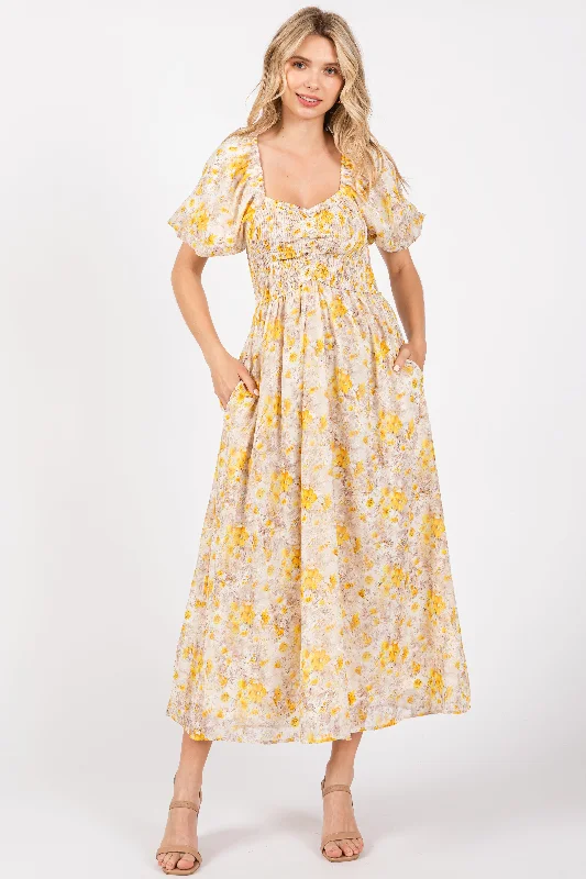 Yellow Floral Smocked Sweetheart Neck Short Puff Sleeve Midi Dress Cozy T-shirt Midi Dress