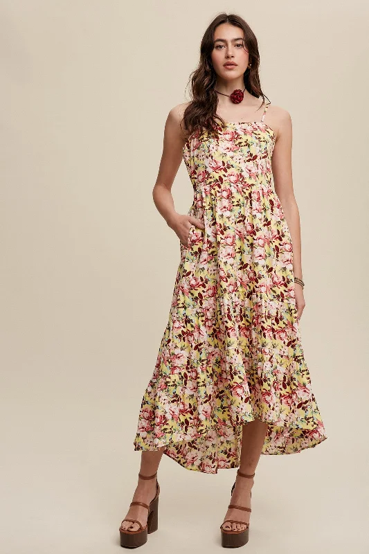 Yellow Floral Tiered Hi-Low Midi Dress Comfortable Stretch Midi Dress