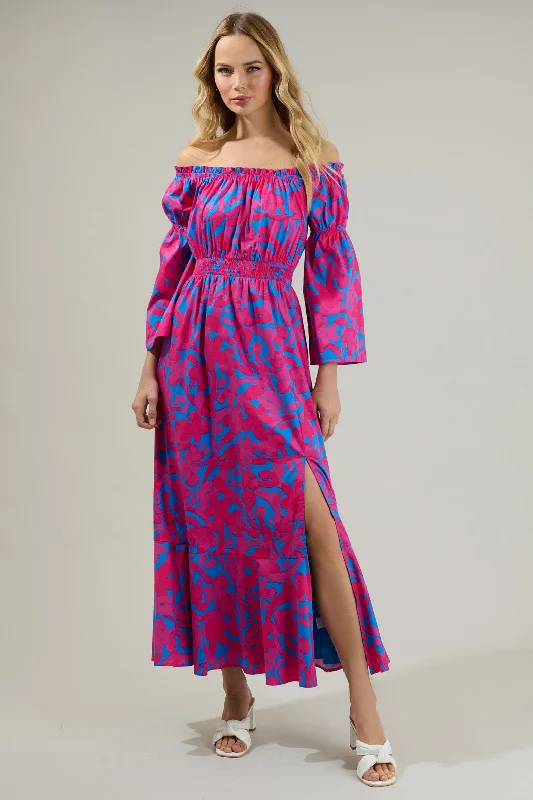 Yeraldi Berry Tropics Off the Shoulder Bell Sleeve Midi Dress Fashionable High-Neck Midi Dress