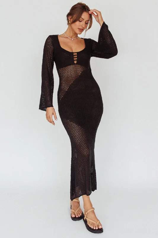 Zizi Long Sleeve Crochet Maxi Dress Black Comfortable Fit-and-Flare Maxi Dress