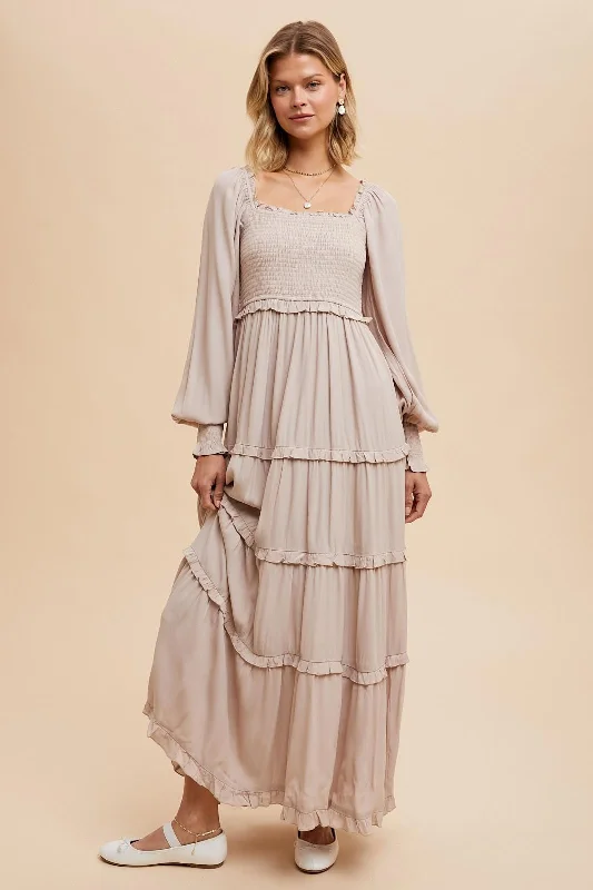 Beige Smocked Long Sleeve Ruffle Tiered Maxi Dress Elegant Maxi Dress with Ruffles