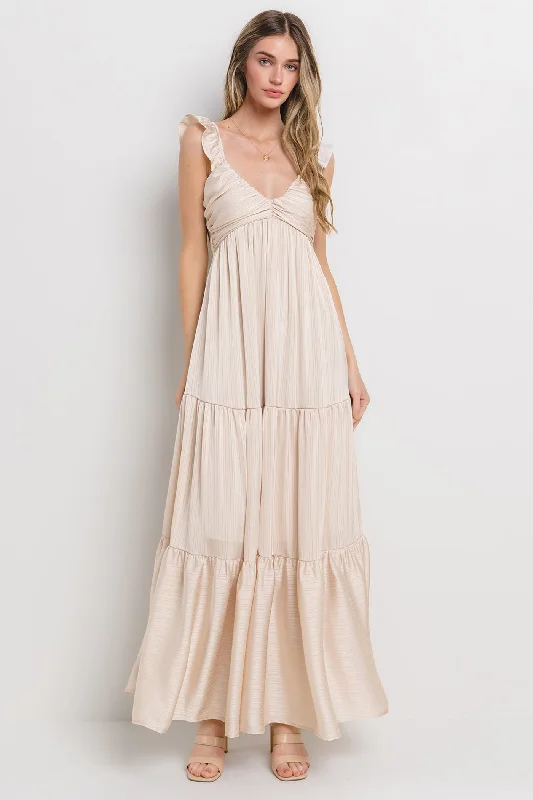 Cream Satin Ruffle Strap Tiered Maxi Dress Comfortable Cotton Maxi Dress