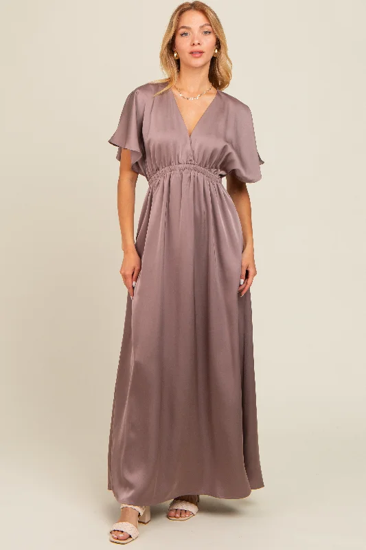 Mauve Satin V-Neck Flutter Short Sleeve Maxi Dress Cozy Spaghetti Strap Maxi Dress