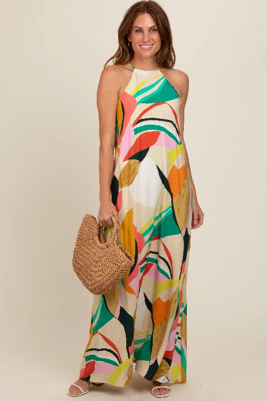 Multicolor Abstract Print Halter Maxi Dress Elegant Maxi Dress with Lace