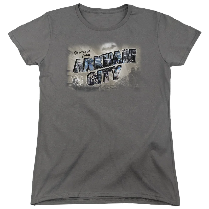 Batman - Arkham Greetings From Arkham - Women's T-Shirt Welt Pockets Slit Pockets Flap Pockets Batman - Arkham Greetings From Arkham - Women's T-Shirt Welt Pockets Slit Pockets Flap Pockets