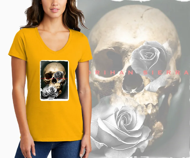 Art Society SIERRA SKULL ROSE WOMENS V-NECK TEE BRITE GOLD Collared T-Shirt Boat Neck A-Line