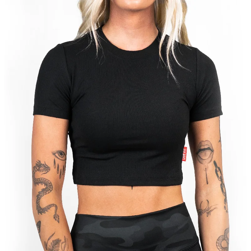 Athleisure Crop Tee- Black Collared T-Shirt Boat Neck A-Line