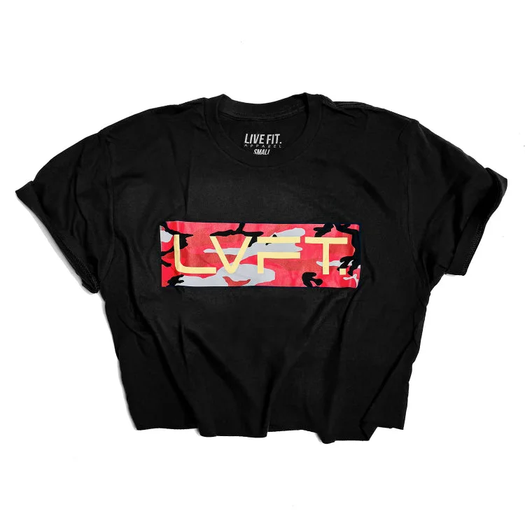 Box Camo Crop Tee- Black Notch Collar Peter Pan Collar Cowl Neck