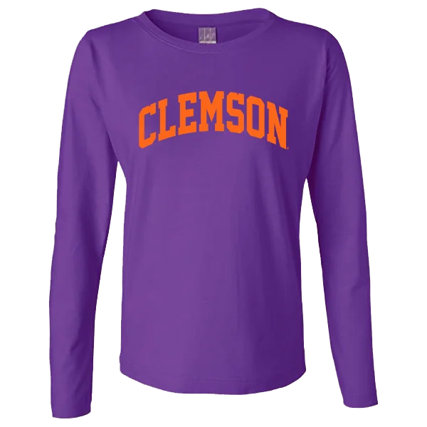 Clemson Orange Arch Long Sleeve Tee | LAT - Ladies Fit - Purple Wool Fabric Cashmere Fabric Tweed Fabric