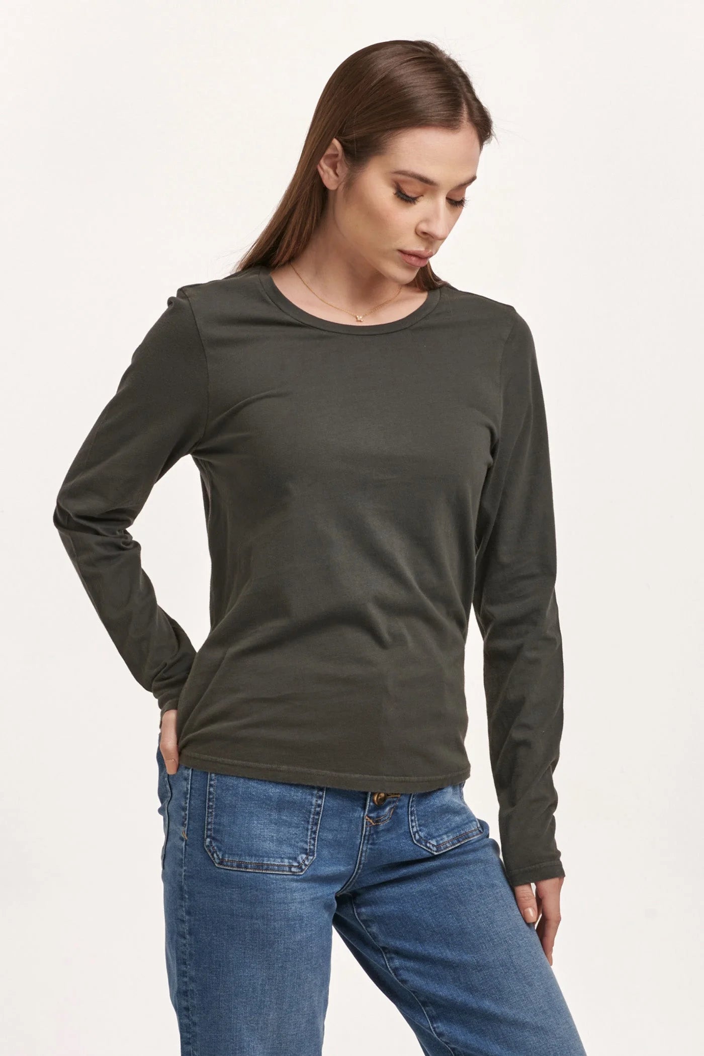 Dear John Kathy Long Sleeve Jersey Tee Dark Moss Print Jacquard Patchwork