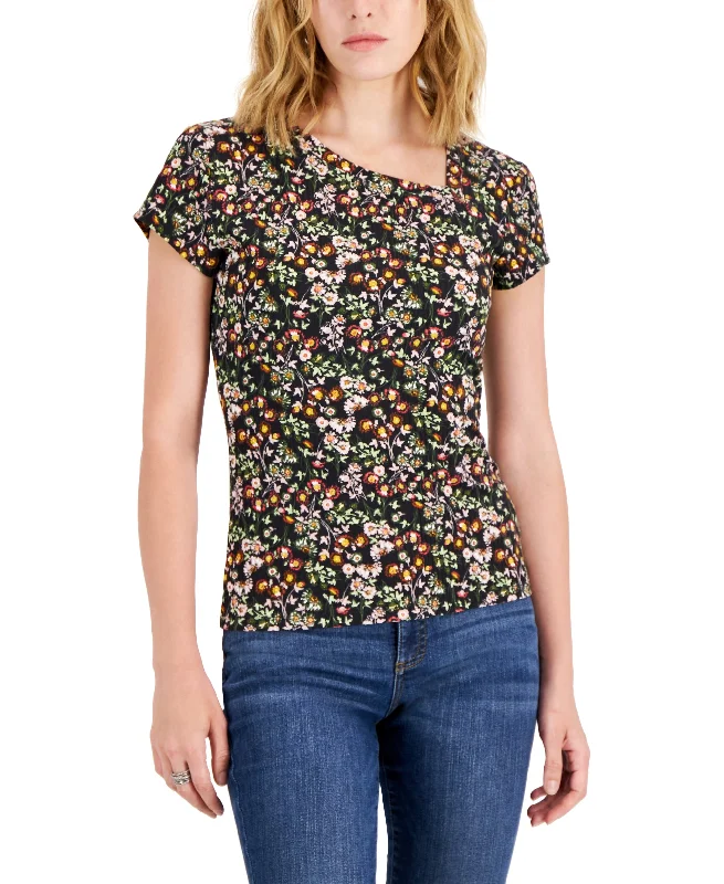 INC International Concepts Womens Floral Ribbed Asymmetrical Neck T-Shirt Polka Dot Checkered Tartan