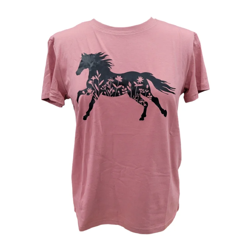 Ladies Pink Floral Horse T-Shirt Zippered Front Buttoned Front Snap Front