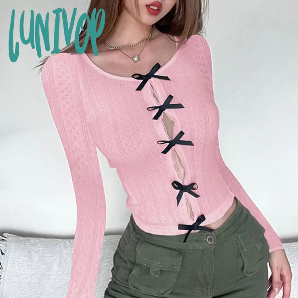 Lunivop Korean Sweet Lace Spliced Split Long Sleeve T-shirts Y2k Kawaii Bow Hollow Out Knitted Skinny Crop Tops Autumn Basics Top Blouse Layered Multi-layer Single Layer