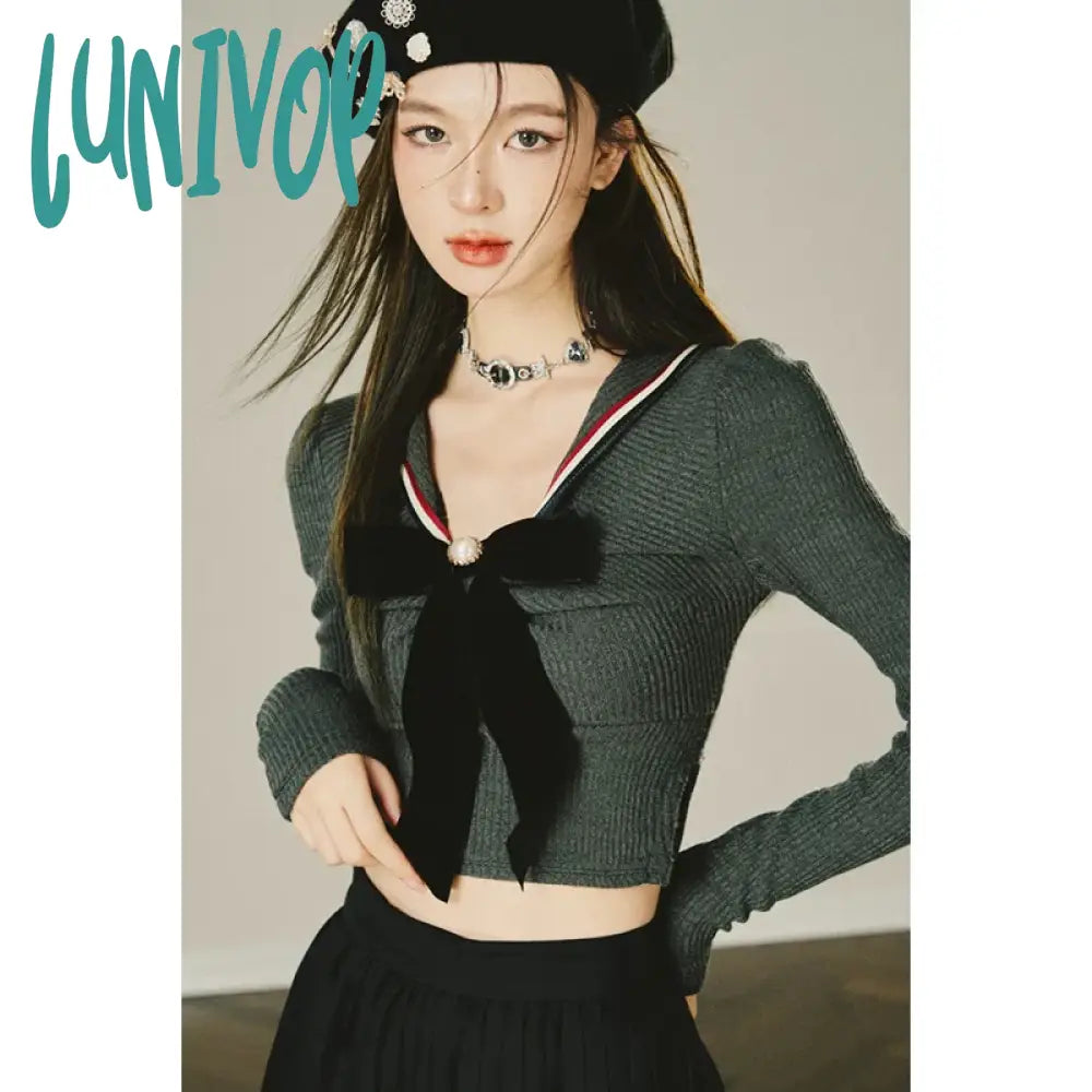 Lunivop Y2K Women Blouse Slim Sexy Sweet New Korean Fashion Bow Knitting Tops Long Sleeve T-shirts High Quality Chic Casual Harajuku Tee Knit Fabric Woven Fabric Fleece Fabric