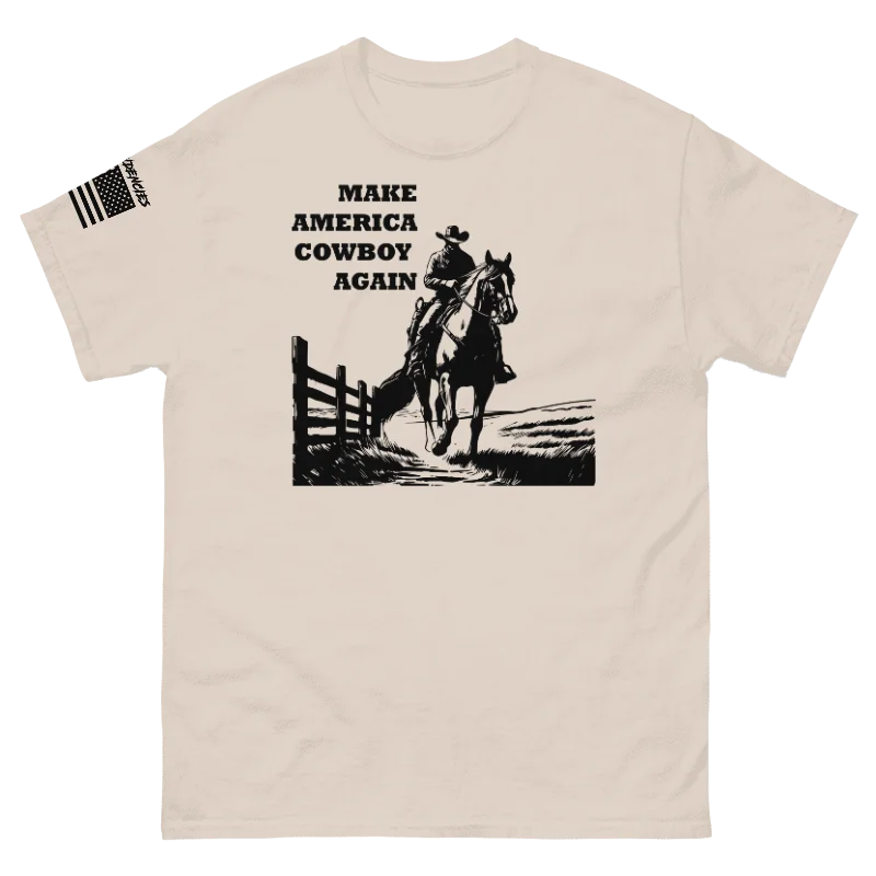 Make America Cowboy Again - Tan Sleeve Unisex T-Shirt Chenille Fabric Brocade Fabric Lace Fabric